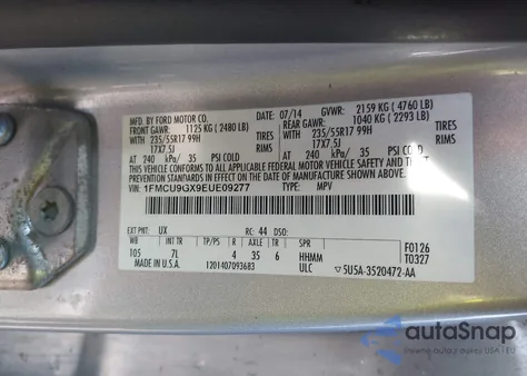 2014 Ford Escape Se from USA, damaged, VIN 1FMCU9GX9EUE09277